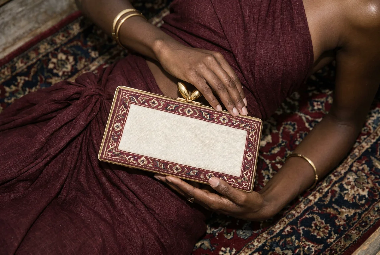 Hands resting on a cream clutch framed by a burgundy carpet border with a gold leaf clasp