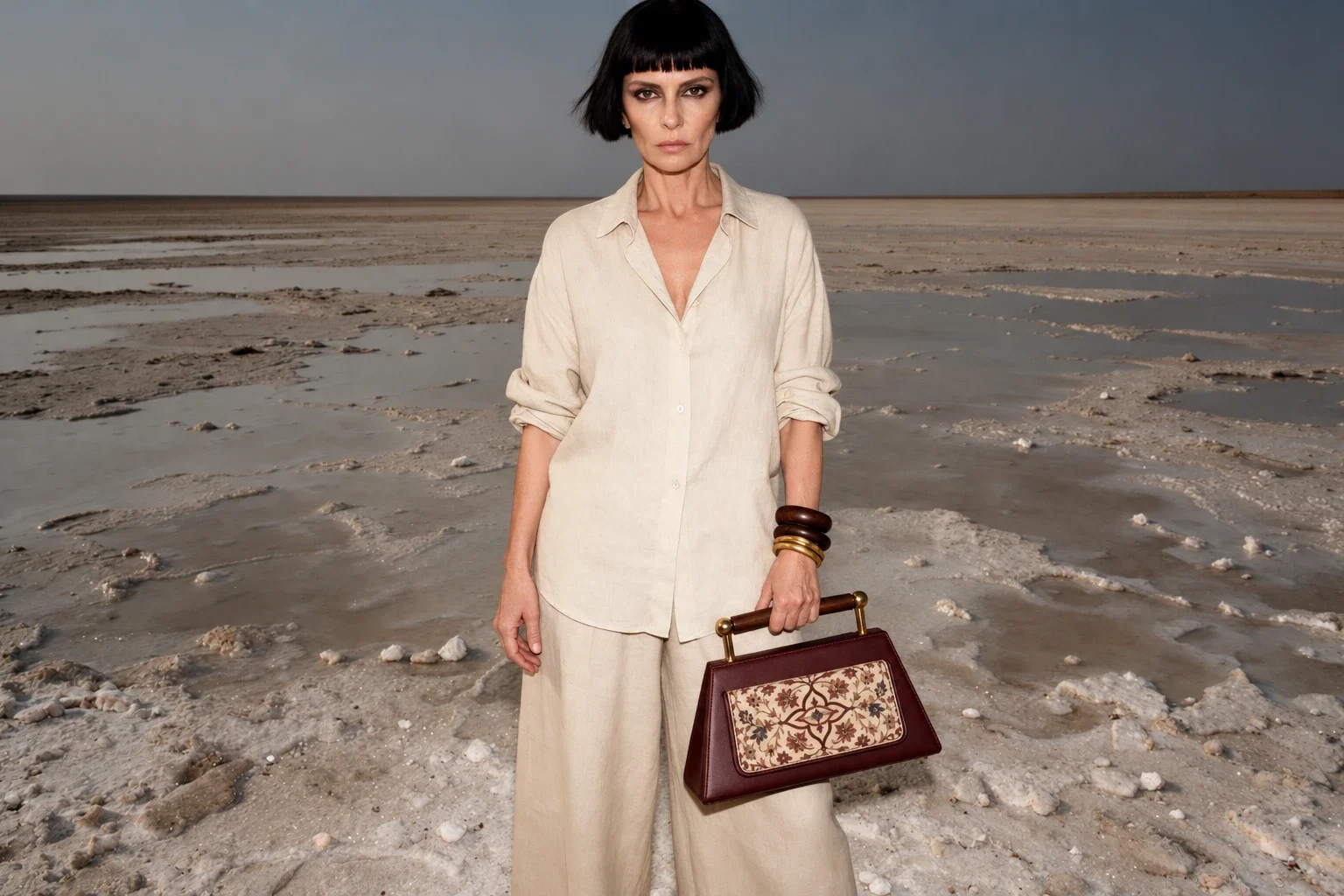 A model in cream linen on a salt flat holding a burgundy trapezoid bag with a wooden handle