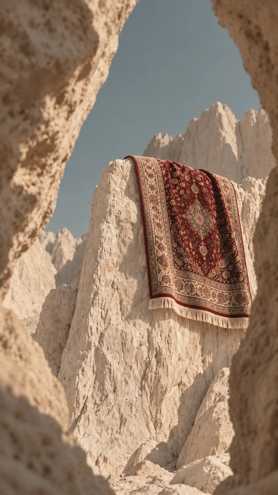 A single Persian carpet draped over white rock, seen through a natural stone arch against a clear sky