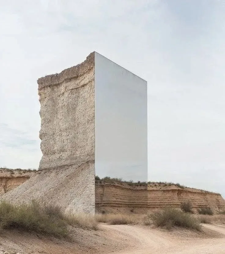 A mirrored monolith set into an eroded stone cliff