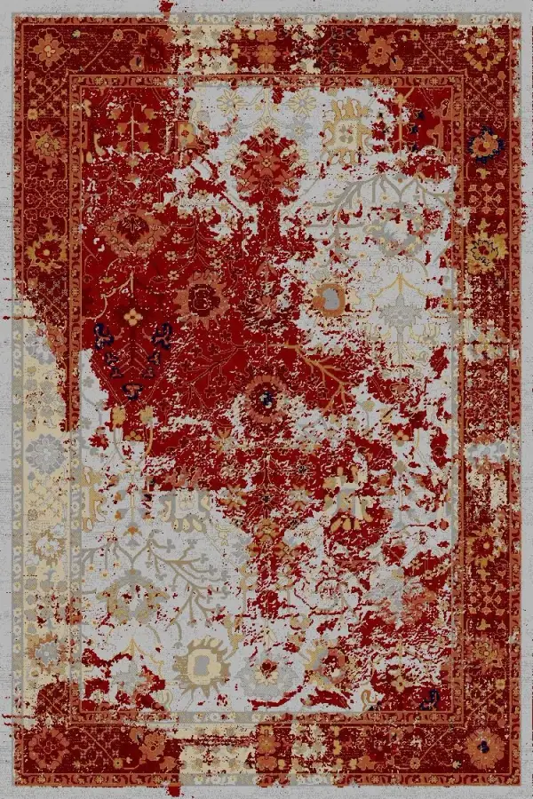 Distressed antique-style carpet in red and pale grey