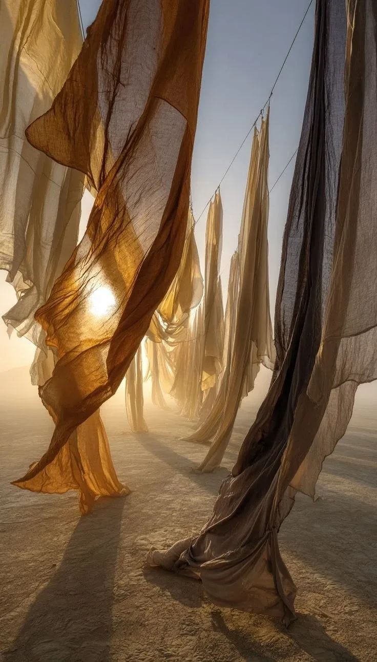 Sheer fabrics hanging in a desert, backlit by low sun